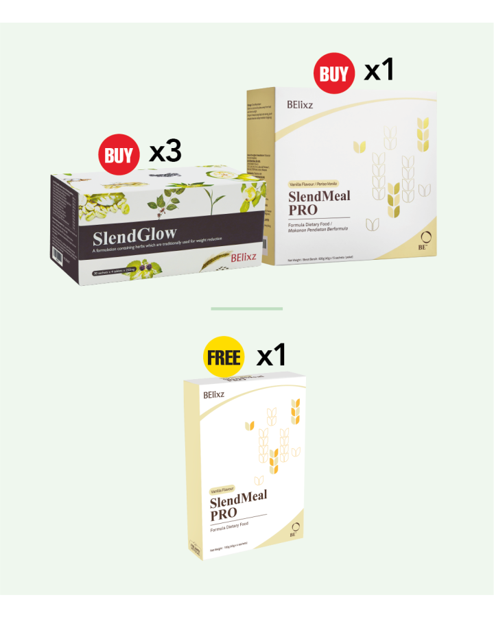 Buy 3x BElixz SlendGlow (30s) + 1x BElixz SlendMeal PRO (15s) Free 1x BElixz SlendMeal PRO (4s)