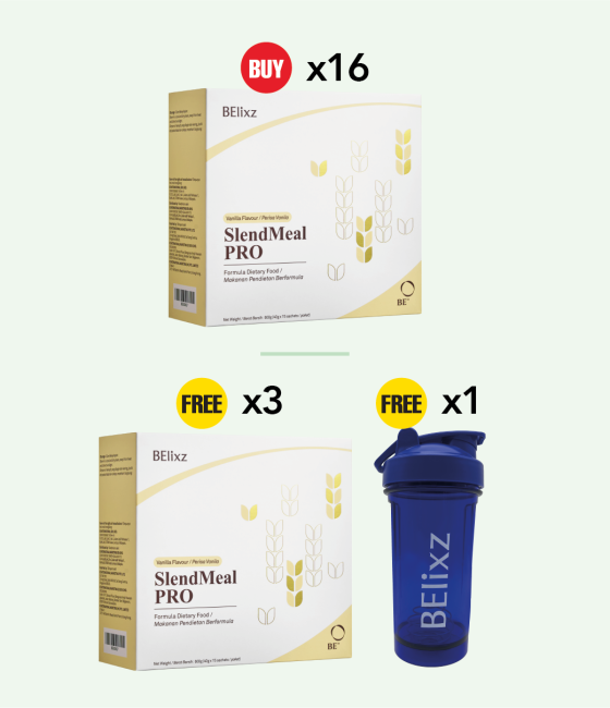 Buy 16x BElixz SlendMeal PRO (15s) Free 3x BElixz SlendMeal PRO (15s) + 1x BElixz SHAKER (Blue) (500ml)